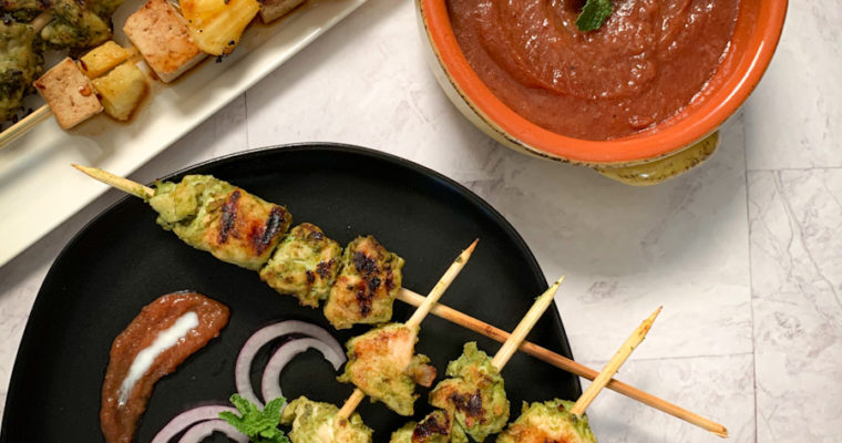 Sizzling green chicken kebabs with plum & date sauce- gluten free