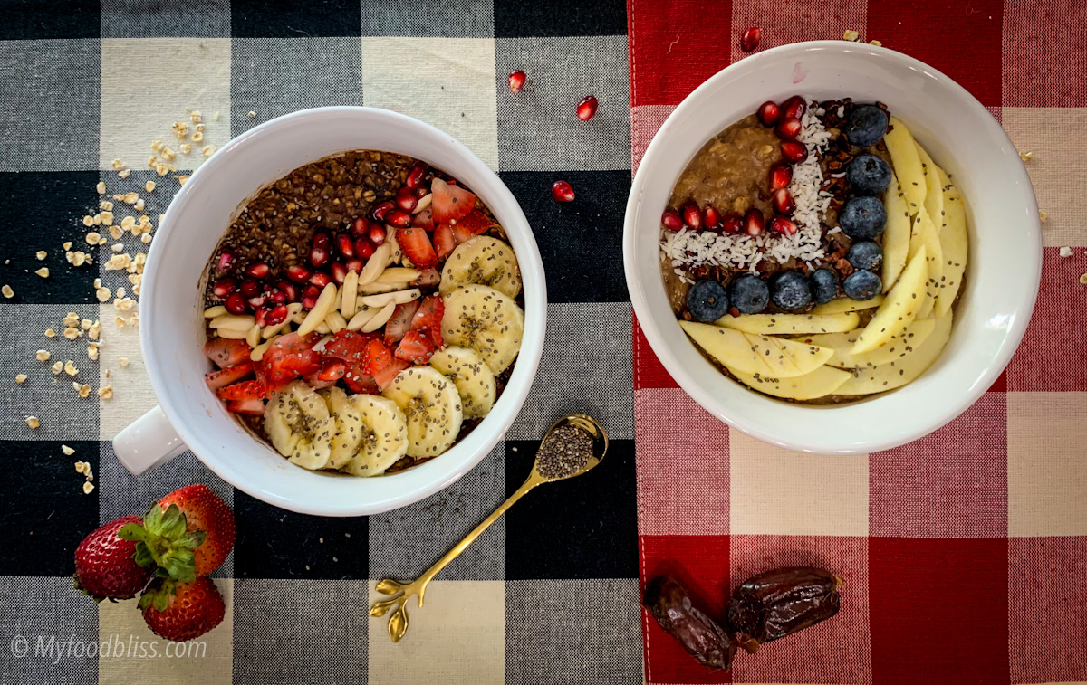 Quick, Nutty chocolate oatmeal- vegan and in 2 versions.