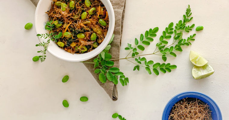 Ragi vermicelli with moringa leaves & edamame- vegan, gluten free