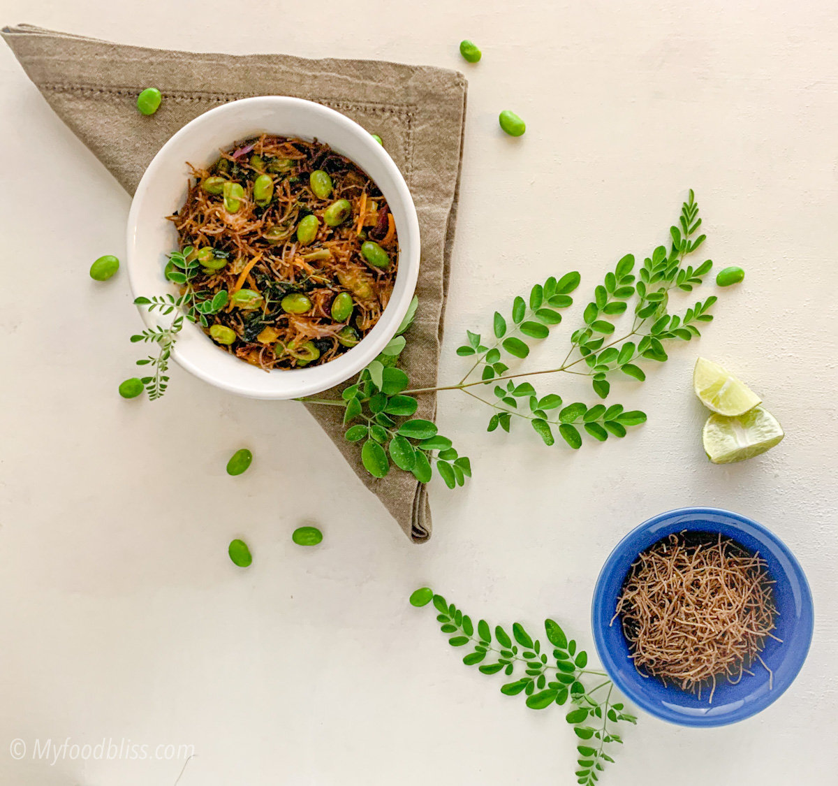 Ragi vermicelli with moringa leaves & edamame- vegan, gluten free