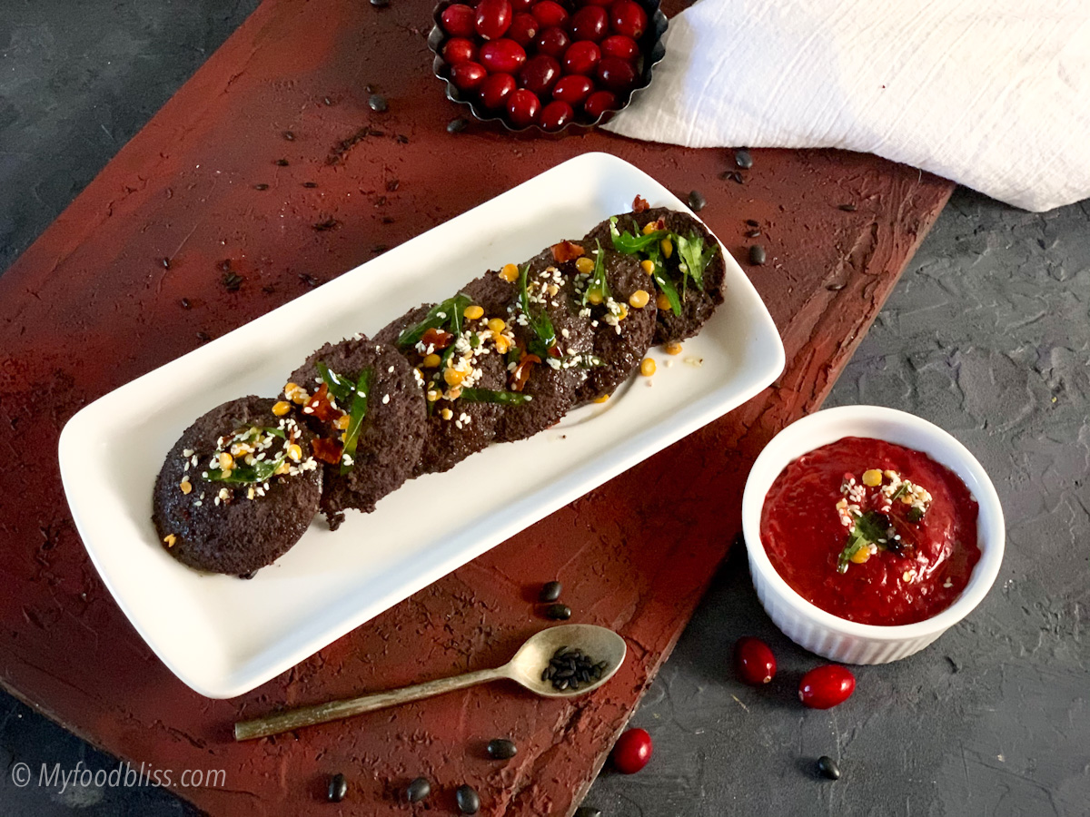 Black Bean and Black Rice Idli with Cranberry chutney- vegan