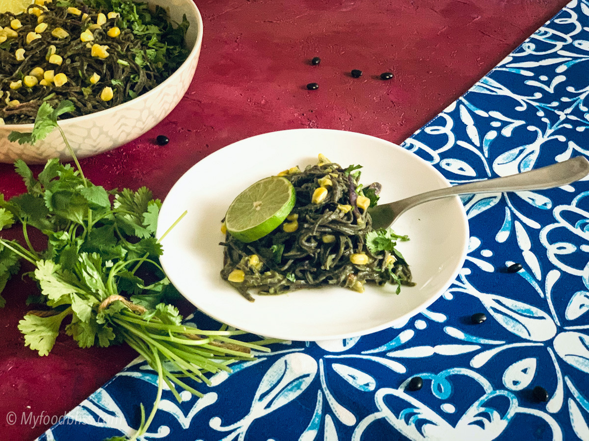 Mexican inspired Black bean spaghetti with mango avocado sauce- vegan