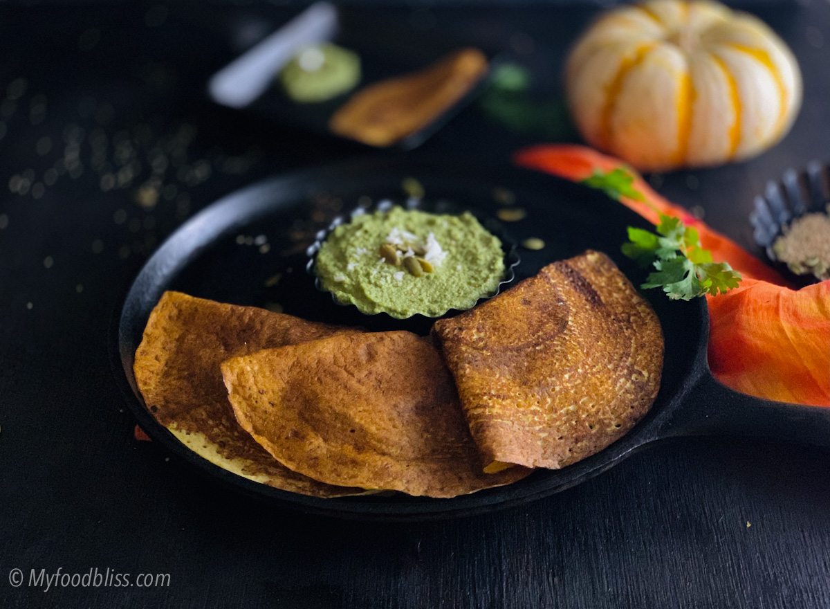 Pumpkin Millet Dosa with Pumpkin seeds Chutney-vegan, gluten free.