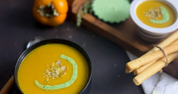Persimmon and Golden Beets Soup with spinach cashew cream – vegan.