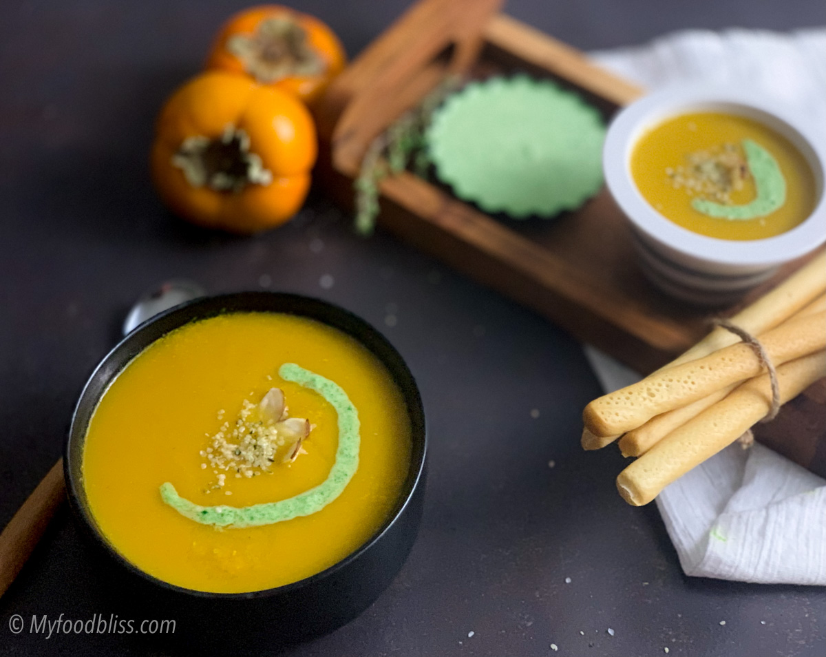 Persimmon and Golden Beets Soup with spinach cashew cream – vegan.