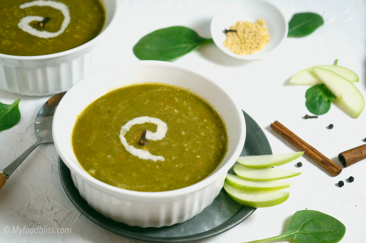 Hearty Spinach & Apple soup with Millet- vegan, gluten free.