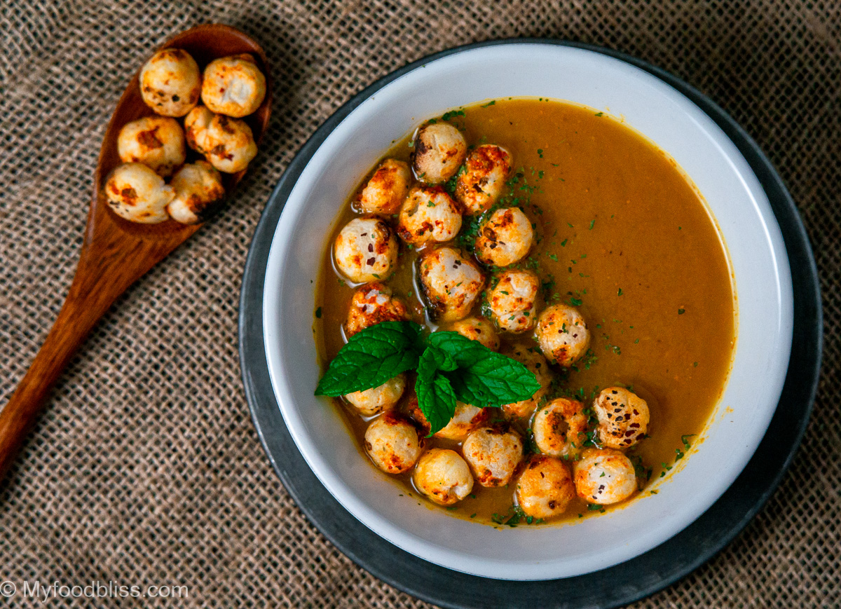 Gingered Carrot and Spiced Foxnuts (Makhana)soup- vegan, gluten free.